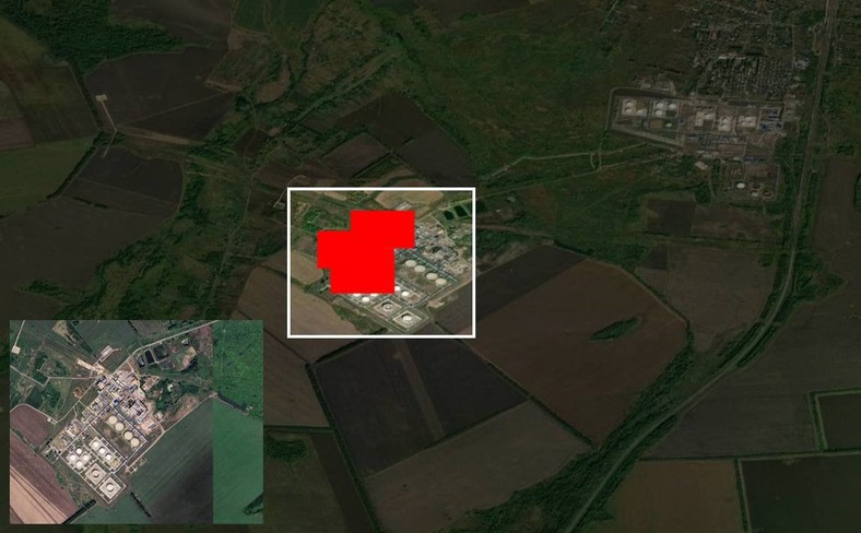 Czerwonym kolorem zaznaczony pożar na rosyjskiej stacji przesyłowej ropociągu Przyjażń.