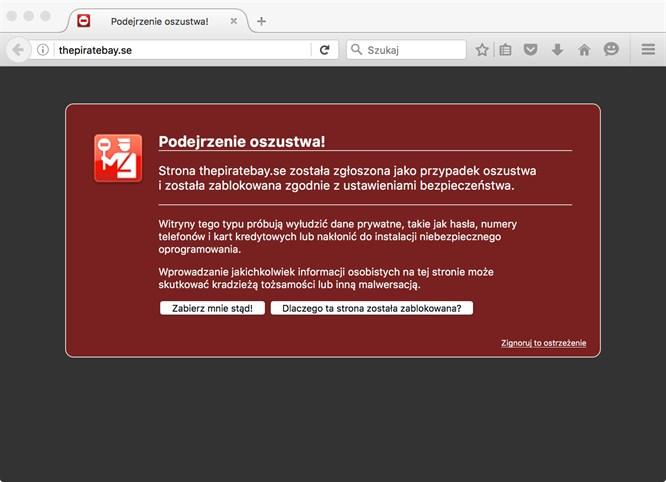 Komunikat Safe Browsing w Firefoksie po wejście na The Pirate Bay