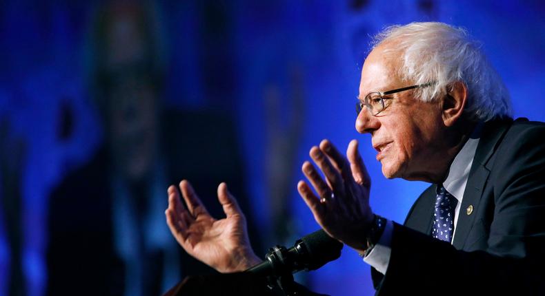 FILE - In this April 8, 2019, photo, Democratic presidential candidate Sen. Bernie Sanders, I-Vt., speaks at a convention of the International Association of Machinists and Aerospace Workers in Las Vegas. Sanders is set to unveil a new version of his