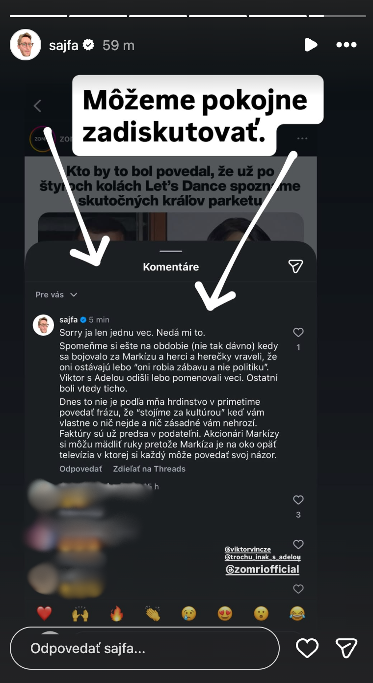 Sajfa okomentoval vyjadrenia umelcov o kultúre, ktoré padli v priamom prenose.