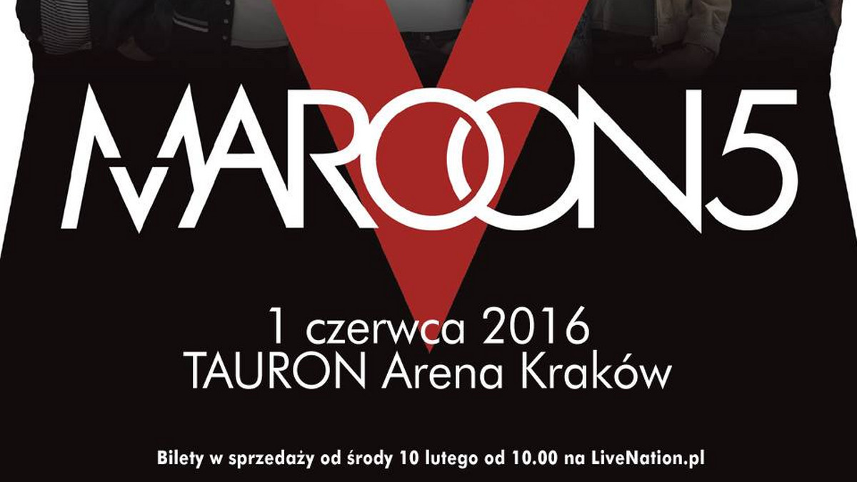 Amerykańska grupa Maroon 5 wystąpi po raz pierwszy w Polsce! Jeden z najpopularniejszych popowych wykonawców w końcu obrał kurs na nasz kraj. Muzycy zagrają 1 czerwca w Tauron Arenie w Krakowie. Maroon 5 odwiedzi nas w ramach ogólnoswiatowej trasy, którą rozpoczął w lutym zeszłego roku. Informację tę ogłosił organizator występu - Live Nation Polska.