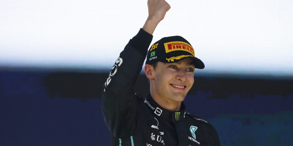 24-letni George Russell (Mercedes) szczęśliwy po swym pierwszym w życiu zwycięstwie w F1