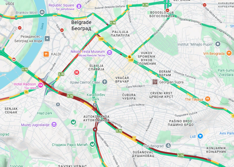 Mapa gužvi u gradu oko 9.10 časova