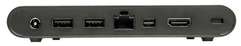 Łącza z tyłu stacji dokującej: zasilacz, 2x USB, sieć, DisplayPort i HDMI. Z przodu znajduje się jeszcze jedno gniazdo USB.