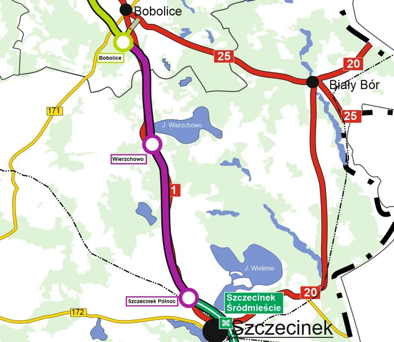 Mapa drogi ekspresowej S11 Bobolice — Szczecinek