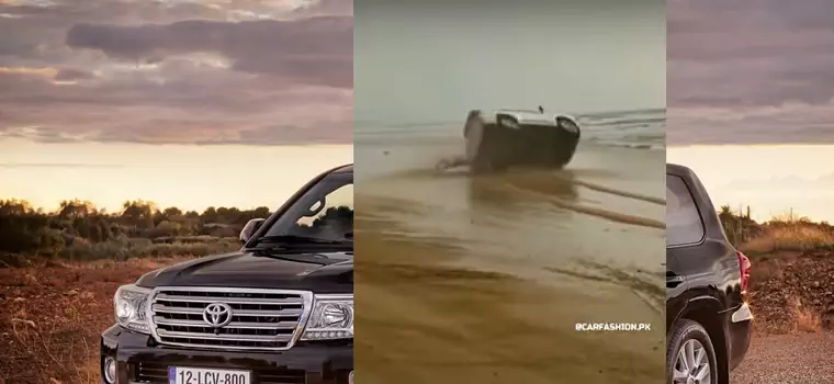 Chcieli driftować Toyotą Land Cruiser po plaży. Wywrócili 2,5-tonową terenówkę [Nagranie]