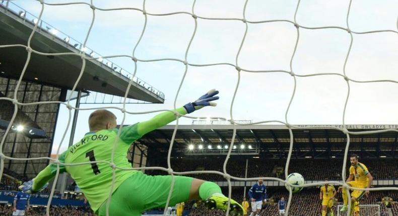 Everton goalkeeper Jordan Pickford saved a penalty from Luka Milivojevic during a 2-0 win over Crystal Palace