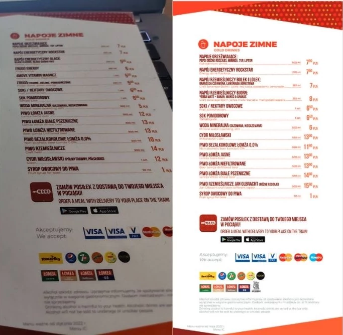 Od lewej: menu 9 maja br., menu obowiązujące od 20 maja br. 