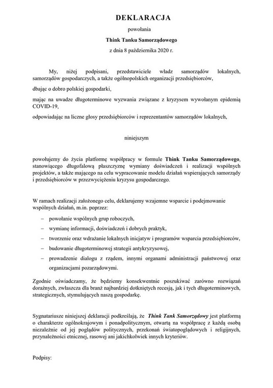 Izba Przemysłowo-Handlowa w Krakowie/ Projekt deklaracji