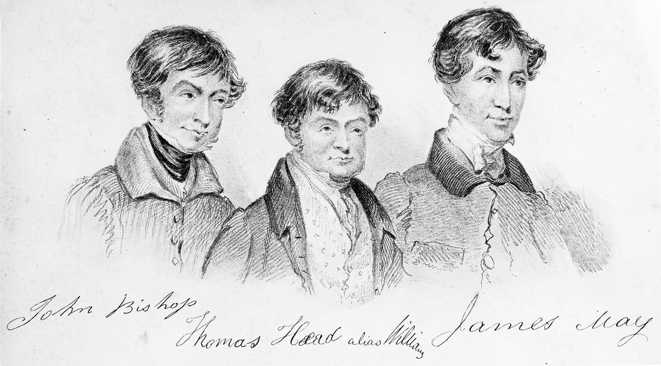 Rycina przedstawiająca Gang Burkersów, od lewej: John Bishop, Thomas Williams i James May