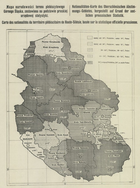 Mapa z 1920 roku przedstawiająca podział narodowościowy na obszarze plebiscytowym