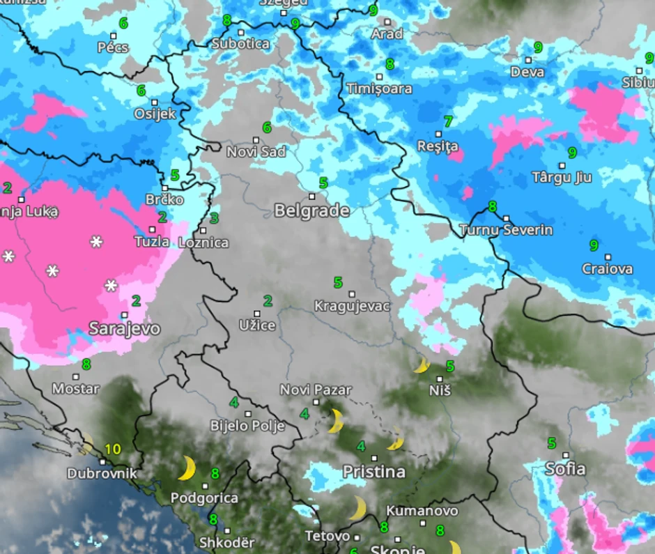 Kretanje padavina u petak u 20 časova
