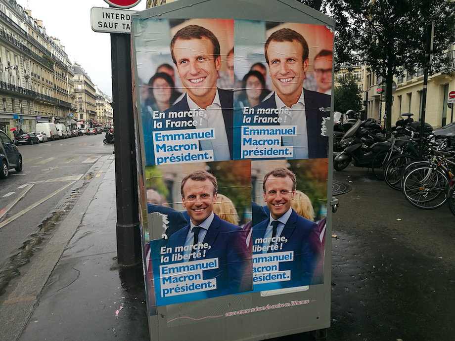 Posters of independent candidate Emmanuel Macron, the Paris tech industry's favourite for the presidency.