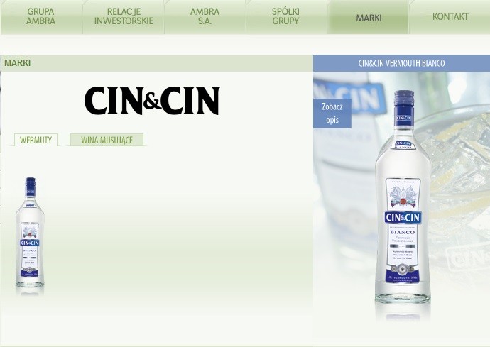 Firma jest producentem win i wermutów. „Cin cin” znaczy po włosku „na zdrowie”. Nazwa spełnia więc trojaką funkcję: jest wyrażeniem grzecznościowym, ma przekonywać konsumentów do zdrowotnych właściwości produktu oraz kojarzyć się z Italią. Marka od dawna jest własnością Ambry. Jest też pierwszym producentem wina, którego reklamy pojawiły się w polskiej telewizji. Fot.: http://www.ambra.com.pl/marki/marki_ambra_s.a./cin_amp_cin