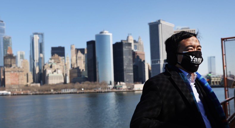 Andrew Yang rides the Staten Island Ferry on February 26 in New York City.
