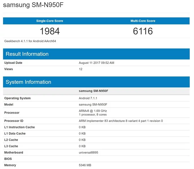 Samsung Galaxy Note 8 SM-N950F w Geekbench