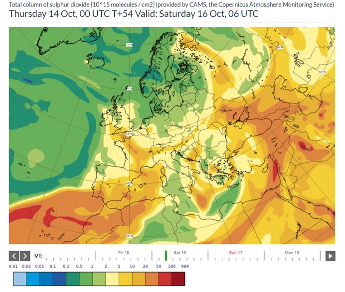 Prognozowane stężenie dwutlenku siarki w Europie w sobotę