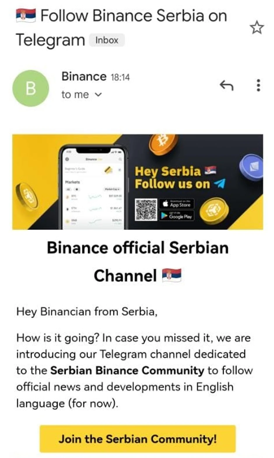 Screenshot Binance-ovog e-maila