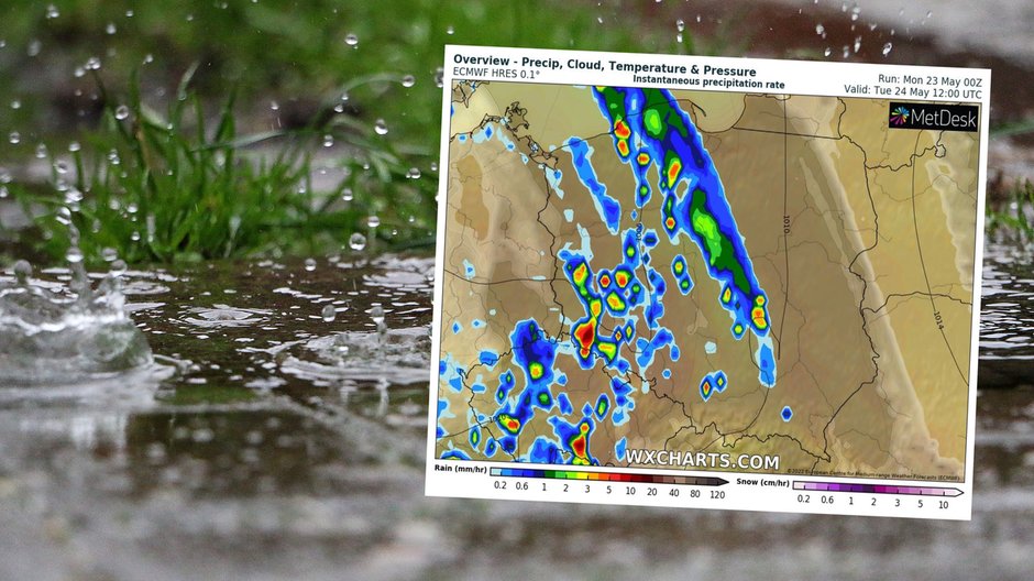 We wtorek nad Polskę wkroczy deszczowy front (mapa: wxcharts.com)