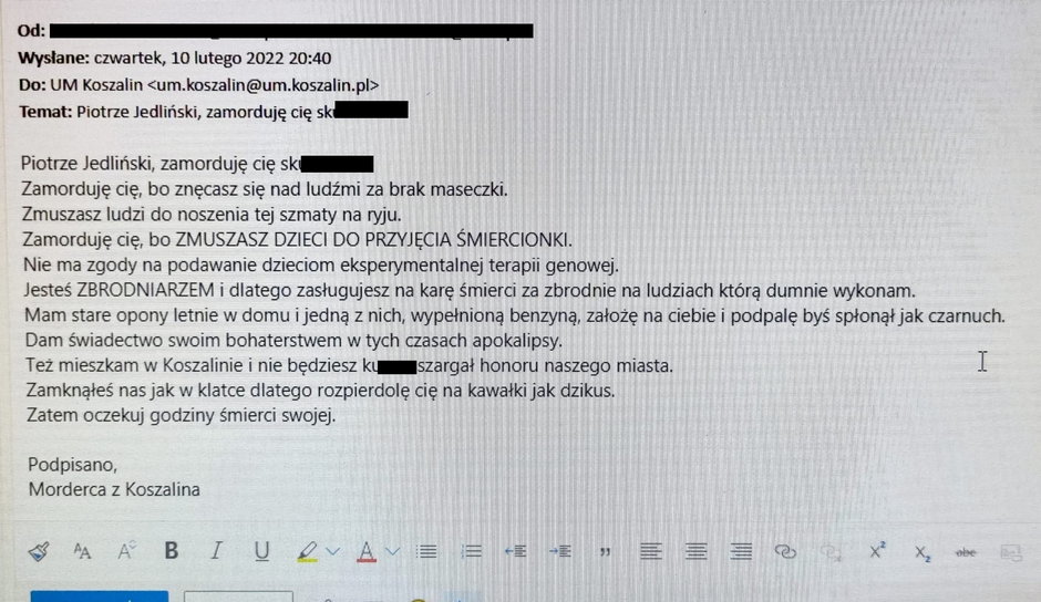 Wiadomość z pogróżkami do prezydenta Koszalina