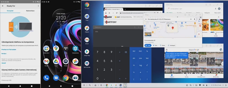 Transmitowany ze smartfonu w ramach rozwiązania Ready For obraz może mieć formę zduplikowanego pulpitu Androida lub pulpitu przypominającego ten znany z Windows (kliknij, aby powiększyć)