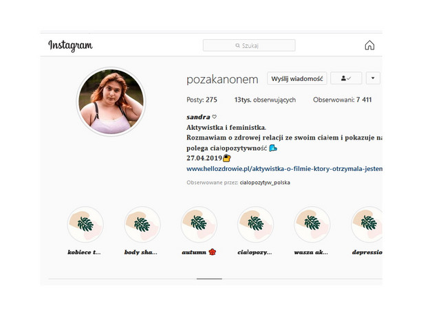 Widok profilu na Instagramie użytkowniczki @pozakanonem