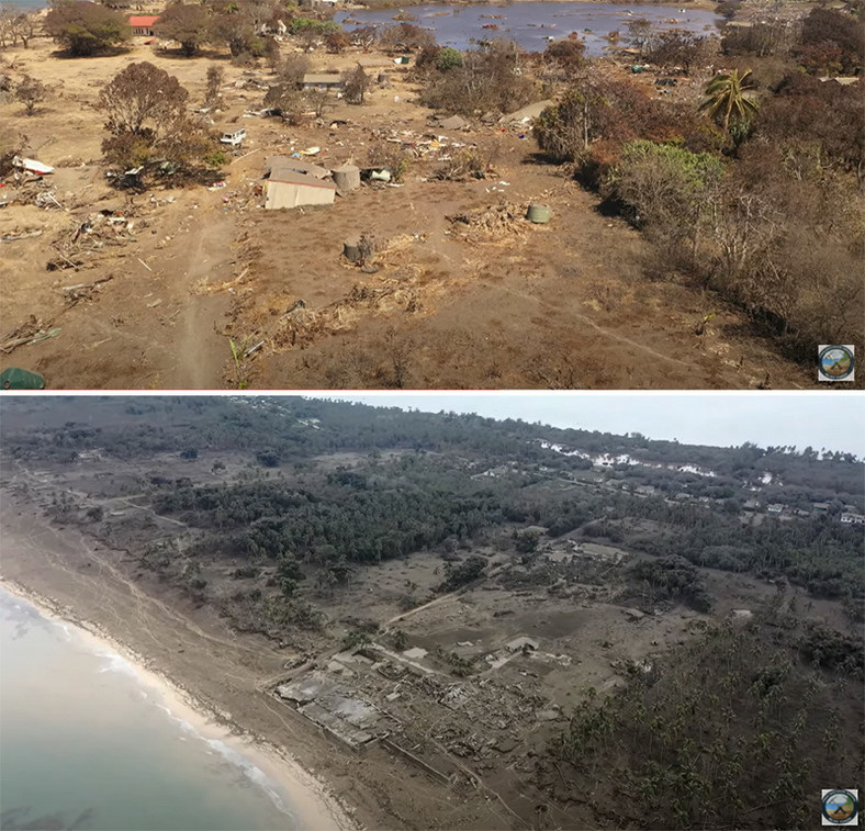 Zdjęcia z drona wyspy Nomuka (na górze) i wioski Kanokupolu (na dole) przedstawiające zniszczenia spowodowane erupcją Hunga Tonga-Hunga Ha'apai wykonane 16 stycznia 2022 r. Zdjęcie na dole przedstawia pozostałości ośrodka Vakaloa. 