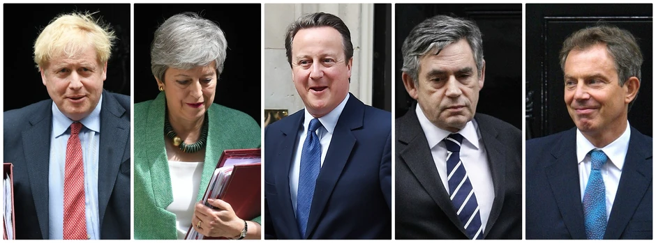 Britanski premijeri (L-D) Boris Džonson, Tereza Mej, Dejvid Kameron, Gordon Braun i Toni Bler