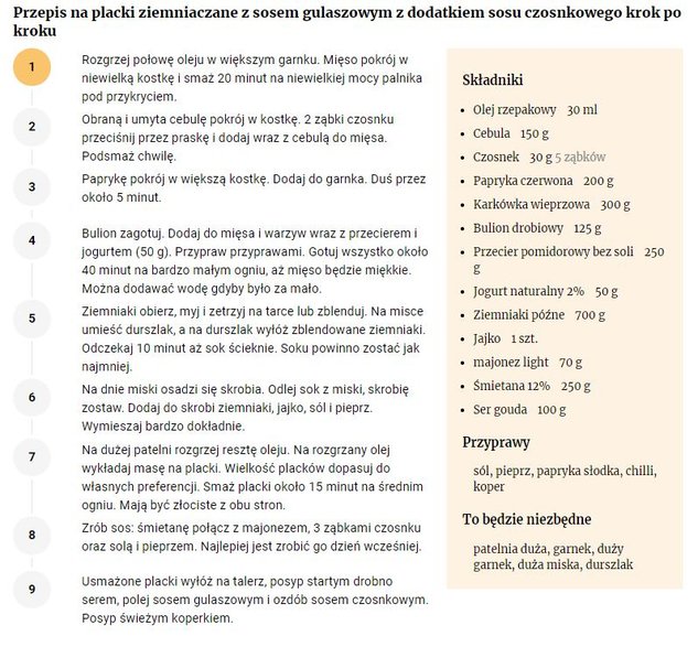 Przepis na placki ziemniaczane z sosem gulaszowym i czosnkiem - FajneGotowanie.pl