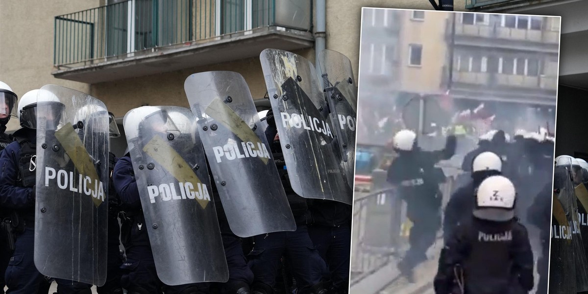 Nagrali, jak policjant rzuca czymś w stronę protestujących.