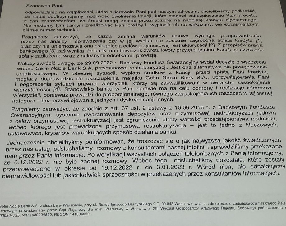 Odpowiedź na reklamację zawiera argumenty odnoszące się do przymusowej restrukturyzacji GNB. 