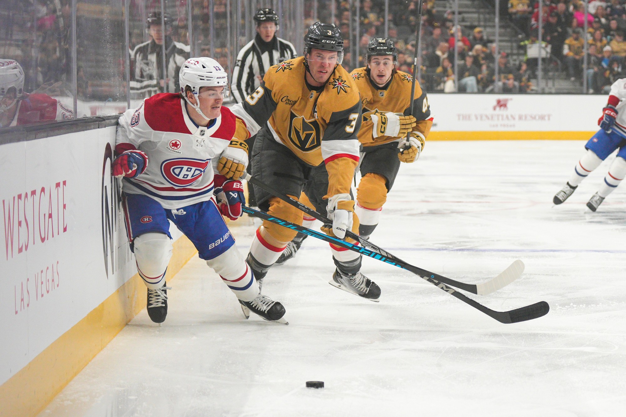 Hokejista Cole Caufield (Montreal Canadiens) a Brayden McNabb (Vegas Golden Knights).