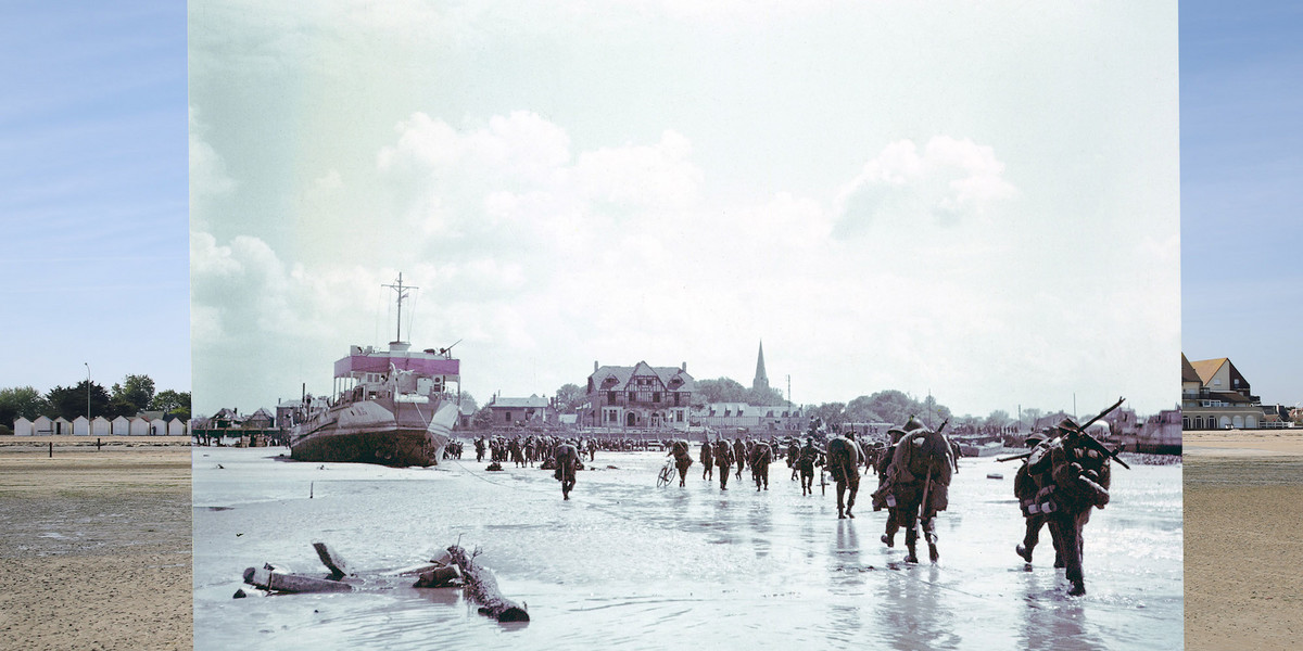 A view of the seafront and Juno beach on May 5, 2014 in Bernieres-sur-Mer, France. Operation Overlord Normandy, Troops of the 3rd Canadian Infantry Division are landing at Juno Beach on the outskirts of Bernieres-sur-Mer on D-Day.
