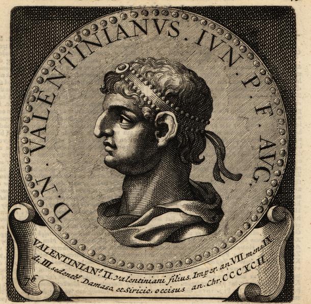 Miedzioryt przedstawiający cesarza rzymskiego Walentyniana II, 1697 r.