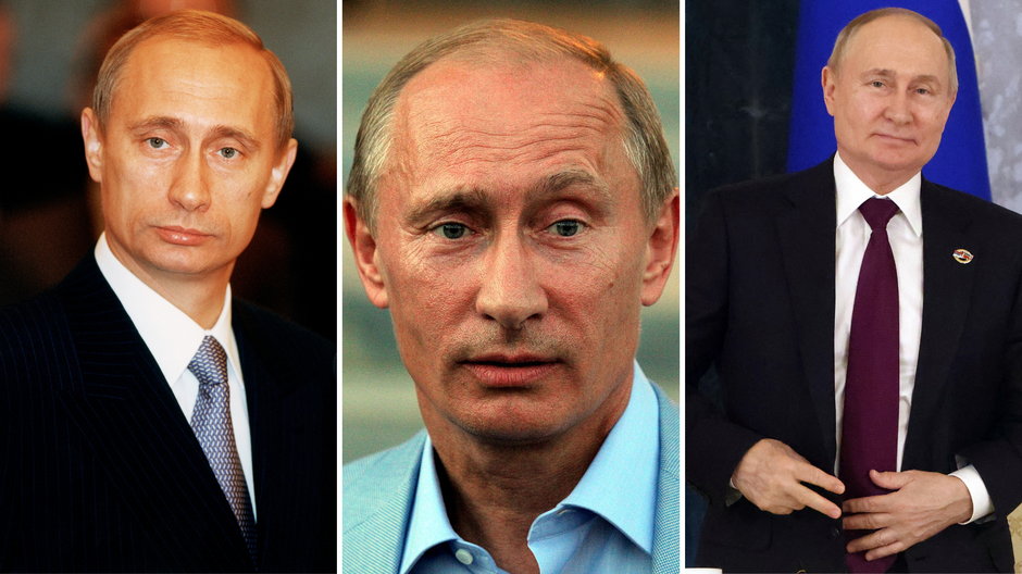 Tak zmieniła się wygląd Władimira Putina. Putin (od lewej) w: 1999 r., 2010 r. i 2024 r.