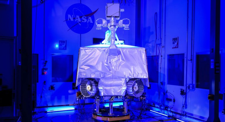 NASA's VIPER – short for the Volatiles Investigating Polar Exploration Rover – sitting assembled inside the agency's Johnson Space Center.NASA