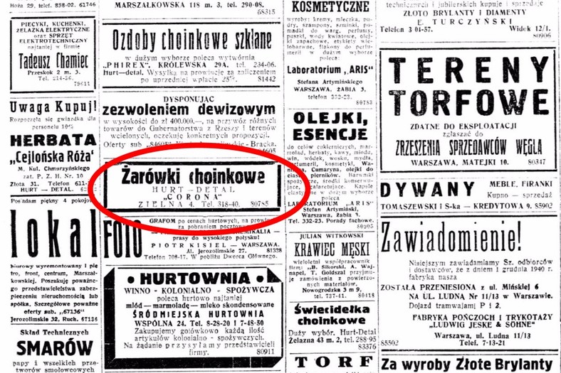 Lampki można było bez problemu kupić nawet w samym środku II wojny światowej. Ogłoszenie z „Nowego Kuriera Warszawskiego” z 1940 r.