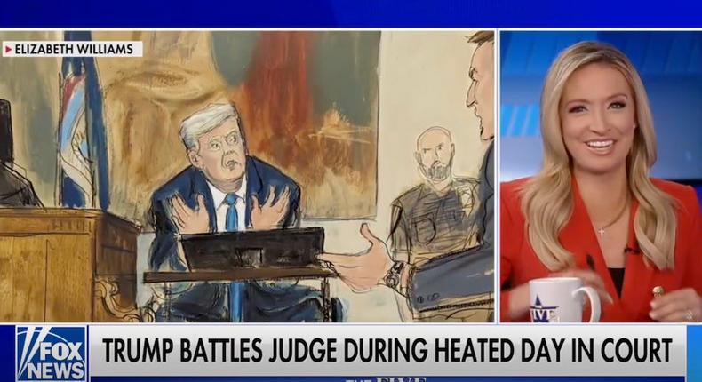 A screenshot from Fox News' The Five on November 6, 2023, showing Kayleigh McEnany alongside a drawing of Donald Trump by courtroom artist Elizabeth Williams.Fox News/Archive.org