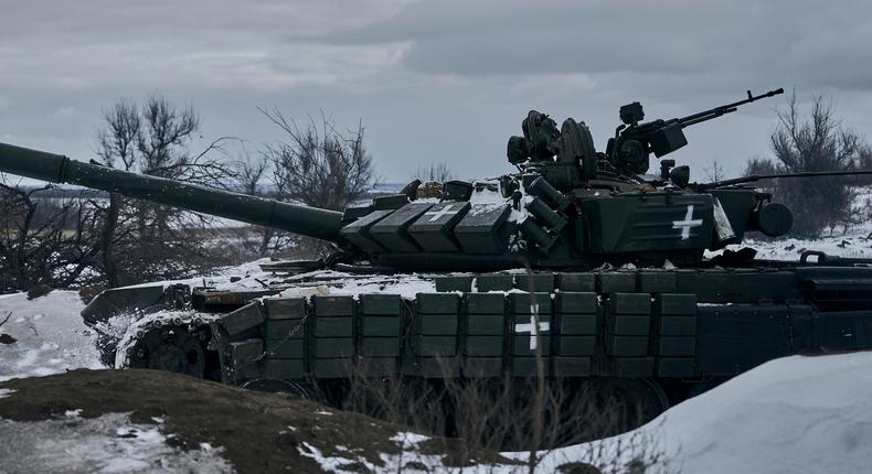 A Ukrainian tank is seen in position at the frontline in Bakhmut, Donetsk region, on February 12, 2023.Libkos/AP Photo