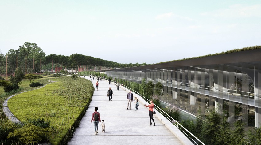 Zgrada je projektovana kao ukopani objekat sa zelenim krovovima i fasadama