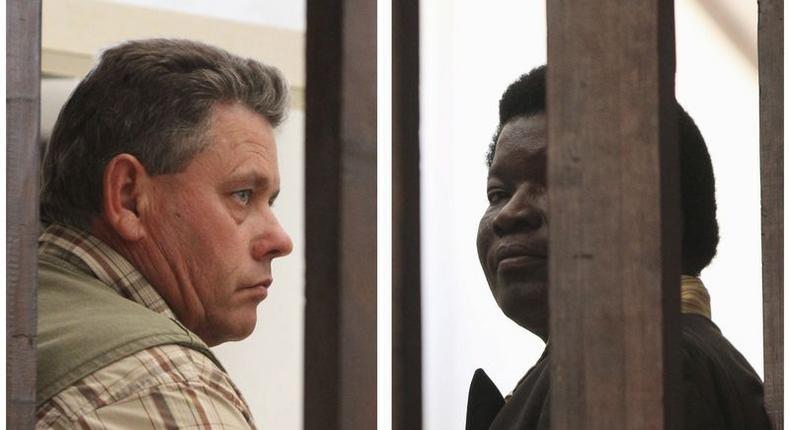 A combination photo shows Zimbabwean safari operator Honest Ndlovu (R) and fellow countryman and hunter Theo Bronkhorst waiting to appear in Hwange magistrates court, July 29, 2015. REUTERS/Philimon Bulawayo