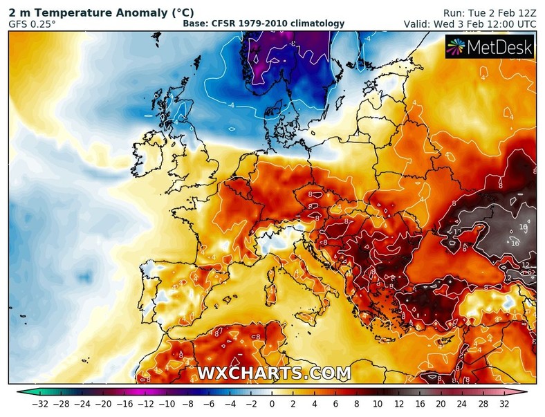 Prognoza temperatury w środę a wieloletni przebieg anomalii