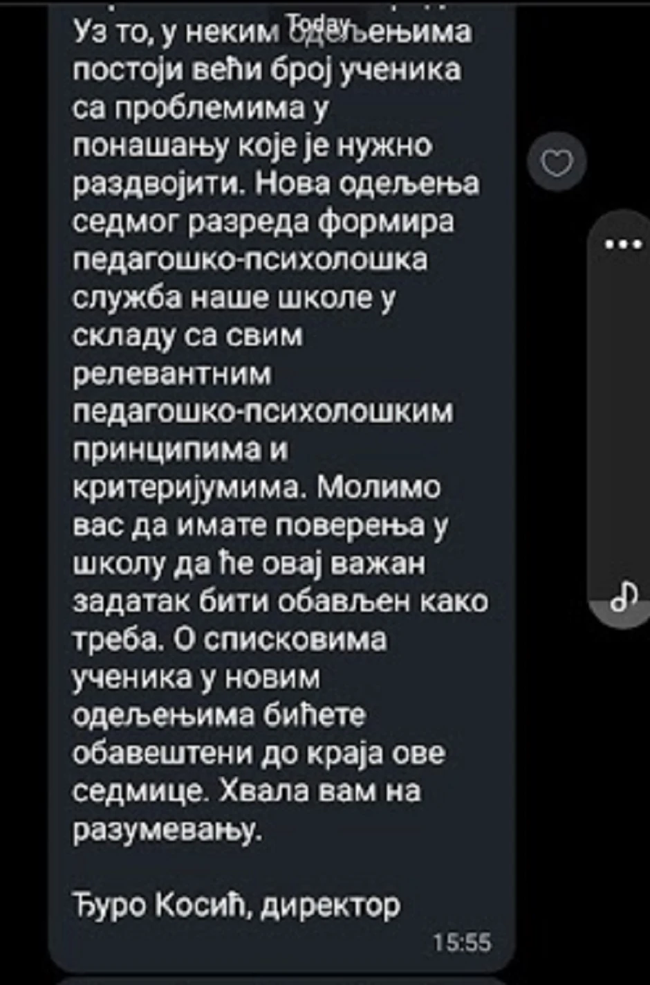 Poruka koju su roditelji dobili od direktora