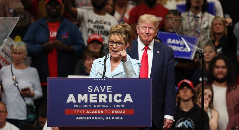 Former President Donald Trump campaigns for former Alaska Gov. Sarah Palin at a rally in Anchorage, Alaska on July 9, 2022.