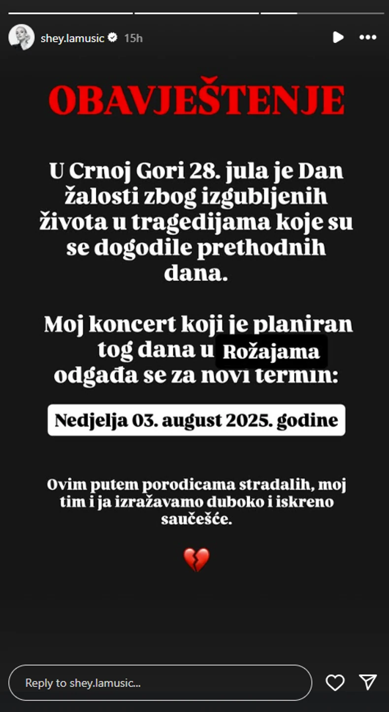 Šejla Zonić otkazala nastup u Crnoj Gori