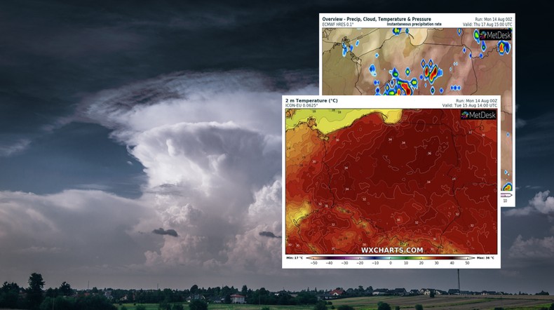 Przed nami najgorętszy tydzień tego lata. Ale pojawią się groźne burze (mapy: wxcharts.com)