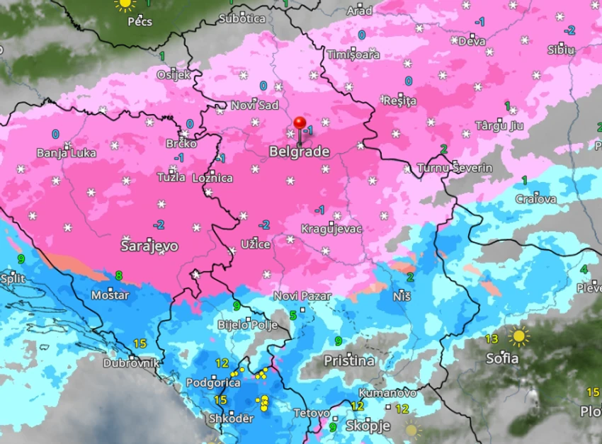 Kretanje padavina u 13 časova u nedelju