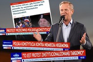 Donald Tusk podczas manifestacji na Placu Zamkowym w Warszawie. W tle nagłówki z prorządowych mediów