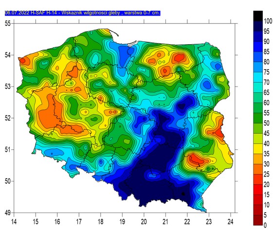 Wilgotność gleby w warstwie 0-7 cm (6 lipca)