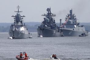FILE PHOTO: Russian navy ships are anchored in bay of Russian fleet base in Baltiysk in Kaliningrad 